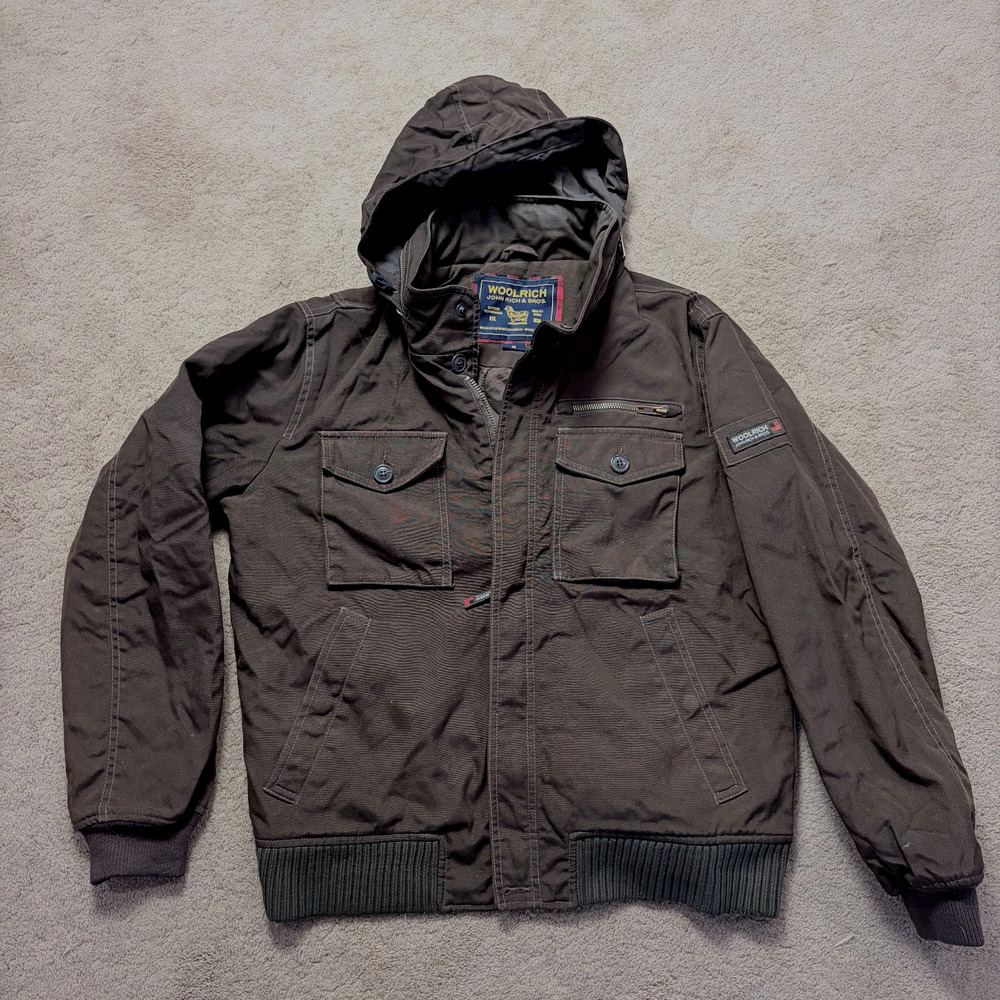Woolrich Canvas Bomber Jacket Hood Quilted Lining Chore Field Brown Size M
